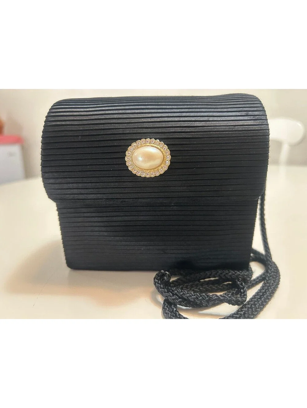 Vintage Carolyne Barton Black Pleated Evening Bag Box Purse Pearl Rhinestone